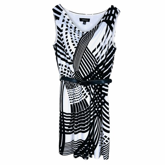CHETTA B Women’s Geometric Print Mini to Midi Sleeveless Belted Dress, Size 8 - Picture 1 of 12
